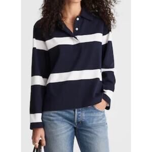 Madewell | Rugby Stripe Polo Top Navy White Long Sleeve | Sz L